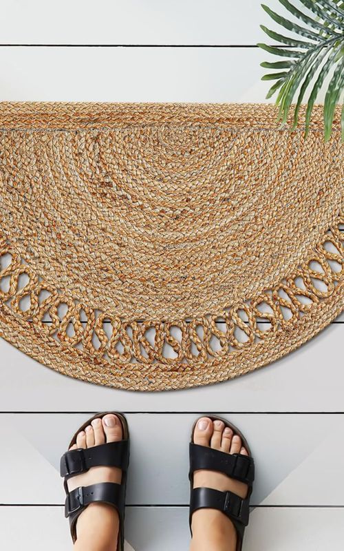 Reversible Braided Doorway Rug Eco-Friendly Half Circle 33" L for All Seasons (Beige/Black)