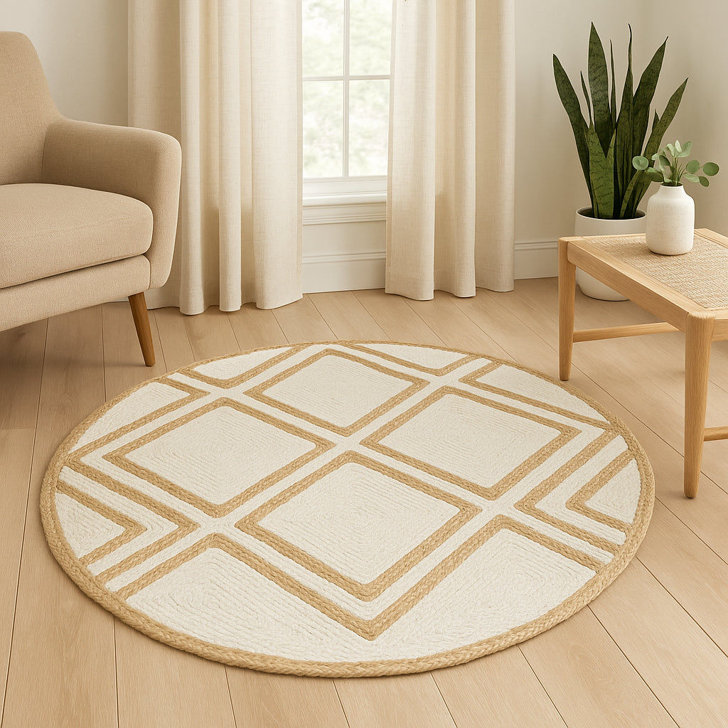 Round Geometric Jute Rug in Ivory & Natural | Modern Minimal Area Carpet