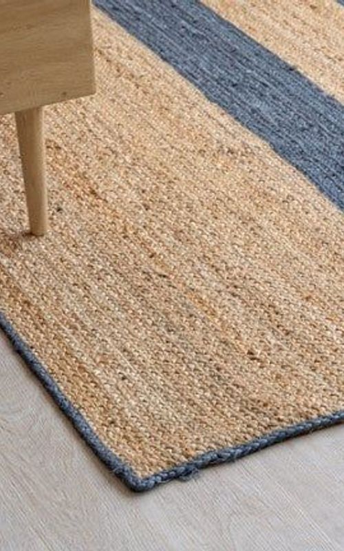 Handmade Braided Natural Jute Inner Two Blue Strip Eco Friendly Floor Area Runner Rug