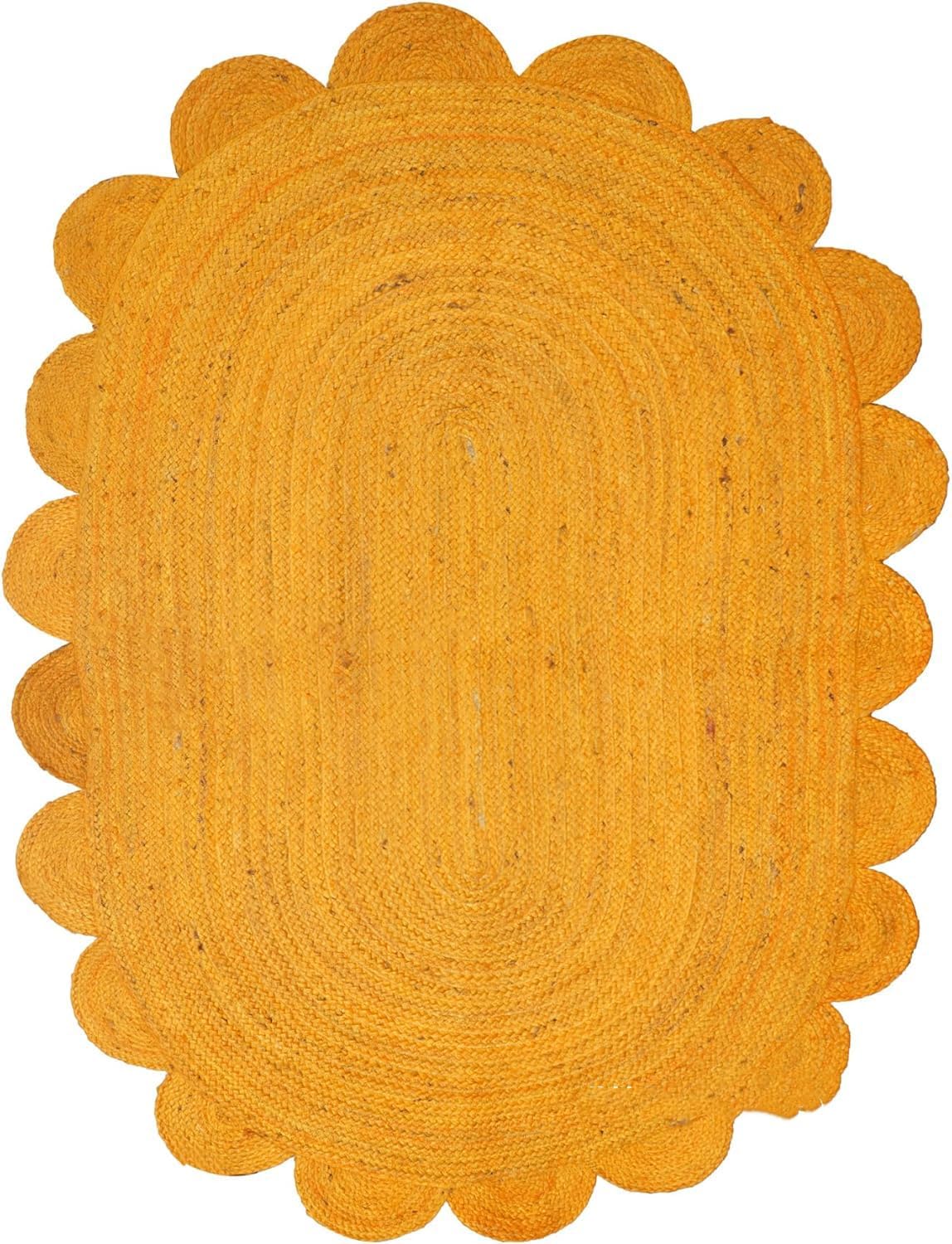 Mustard Yellow Jute Rug Scalloped Edge Handwoven Carpet | Boho Round Floor Mat