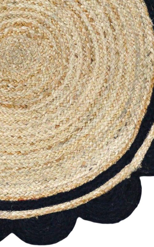 Natural Jute Round Area Rug with Black Scalloped Border – Handmade Eco-Friendly Floor Carpet for Living Room & Bedroom