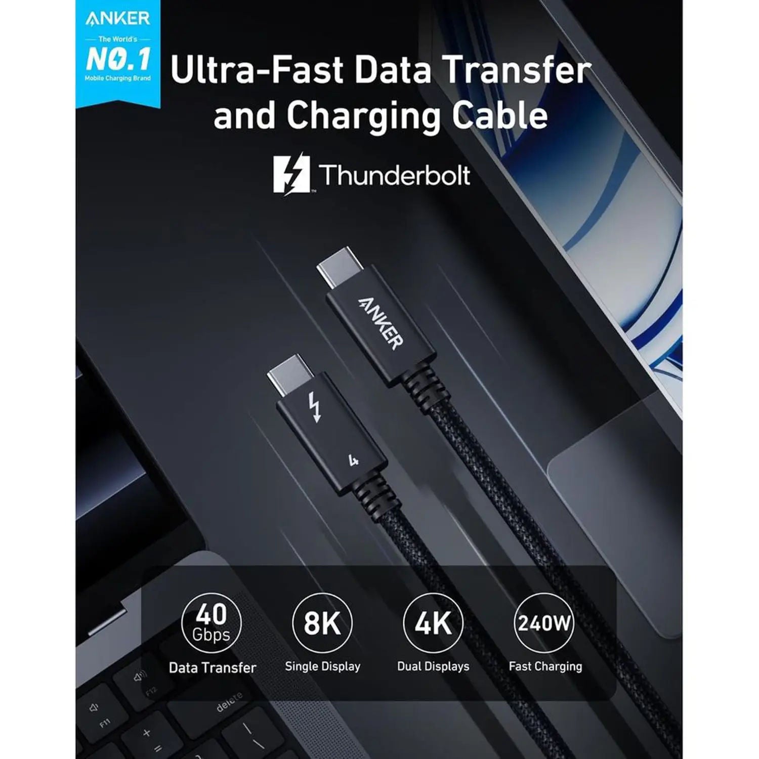 Anker Thunderbolt 4 USB-C Cable 240W 40Gbps 3.3ft, Black, A84N0011