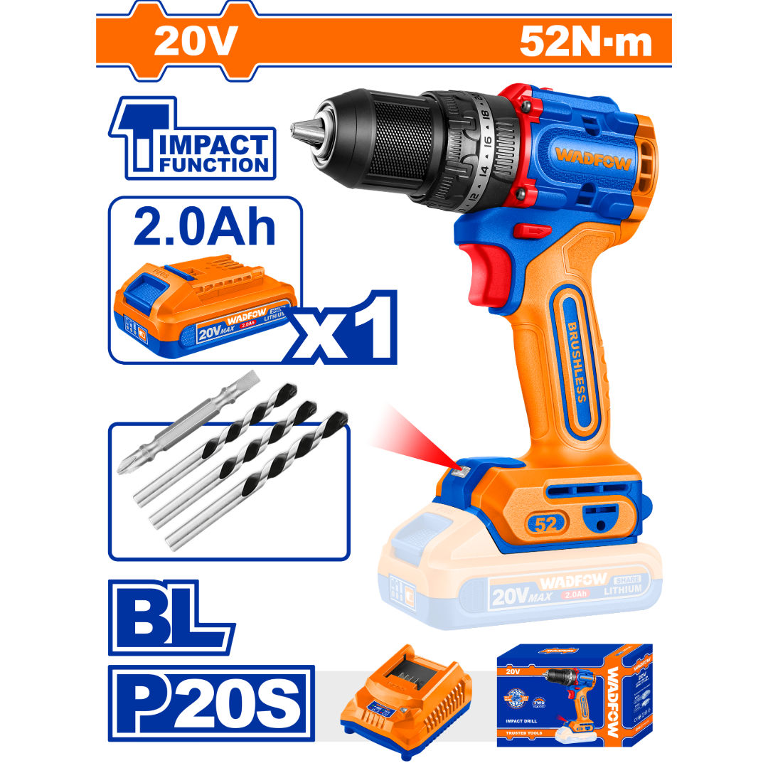WADFOW 20V Brushless Compact Impact Drill, 52Nm, 13mm, 2-Speed