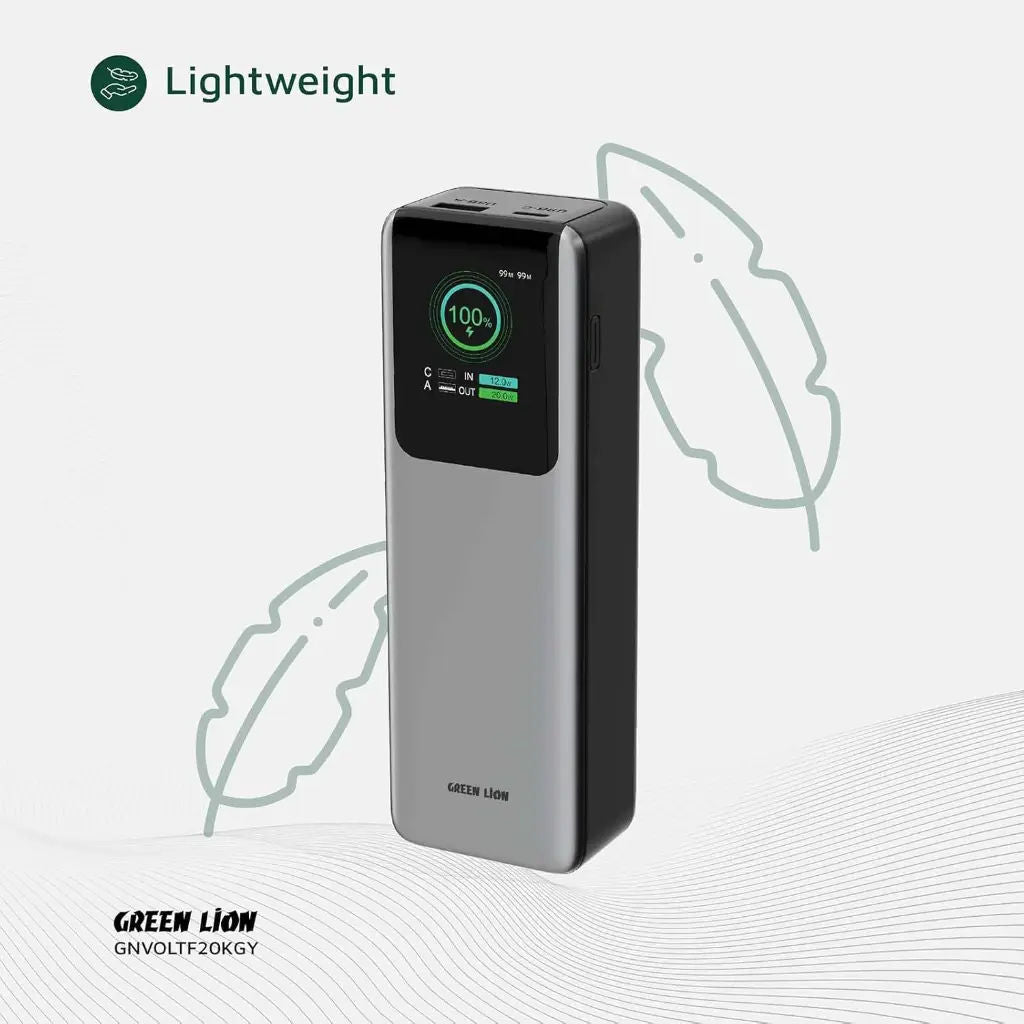 Green Lion Voltura 20000mAh Power Bank PD 100W, USB-C Fast Charging, TFT Display, Grey