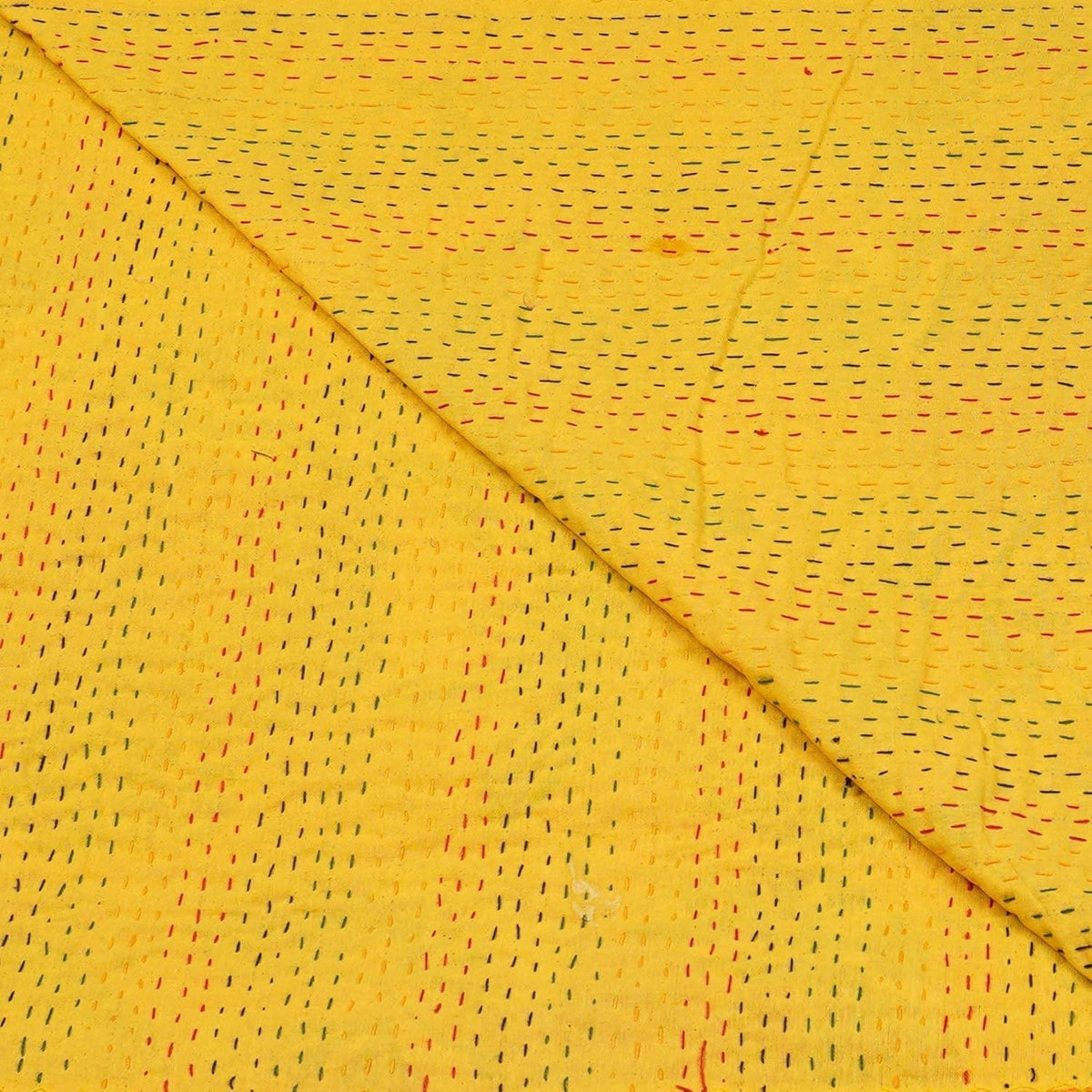 Yellow Kantha Bedcover – Handmade Floral Cotton Quilt | Boho Vintage Bedspread
