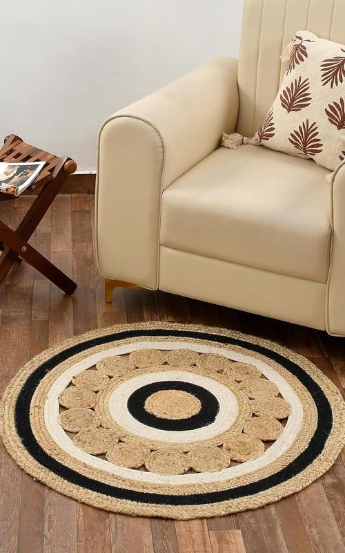 Round Jute Rug with Black & White Pattern | Handmade Designer Area Rug