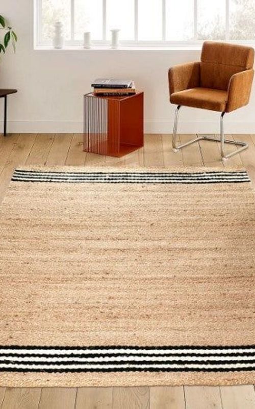 Handmade Beige Natural Jute Rug with Black & White Striped Border