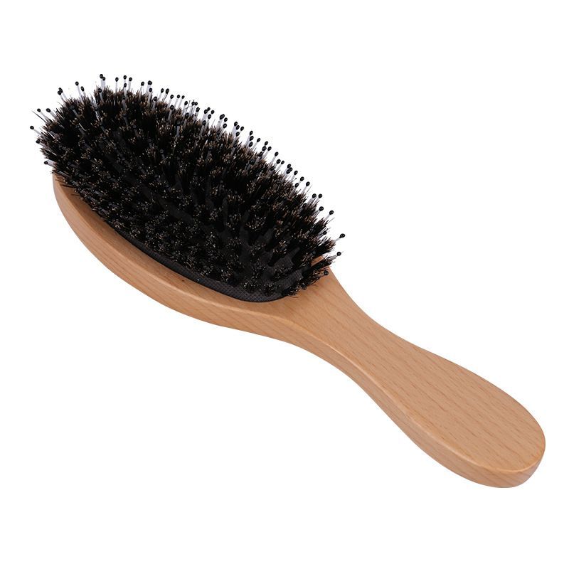 Wooden Boar Bristle Paddle Hair Brush with Massage Cushion