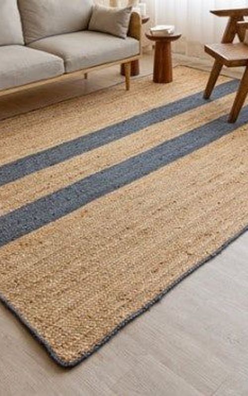 Handmade Braided Natural Jute Inner Two Blue Strip Eco Friendly Floor Area Runner Rug