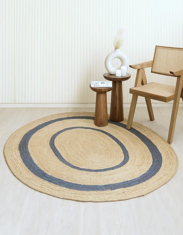 Oval Jute Rug with Double Blue Border | Handmade Natural Fiber Area Rug for Living Room