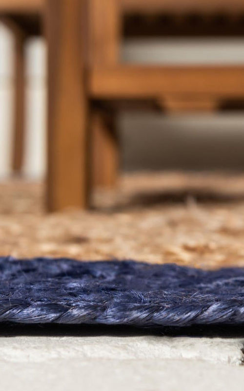 Natural Jute Oval Rug with Navy Blue Border | Hand-Woven Coastal Farmhouse Area Rug