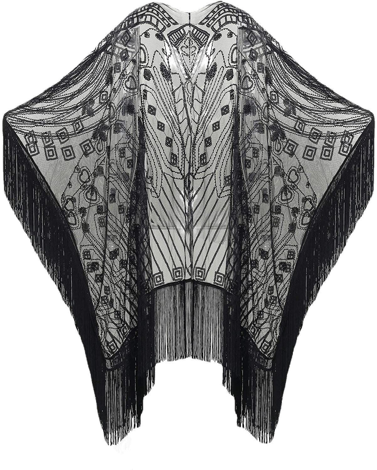 1920s Black Beaded Fringe Shawl Vintage Flapper Wrap