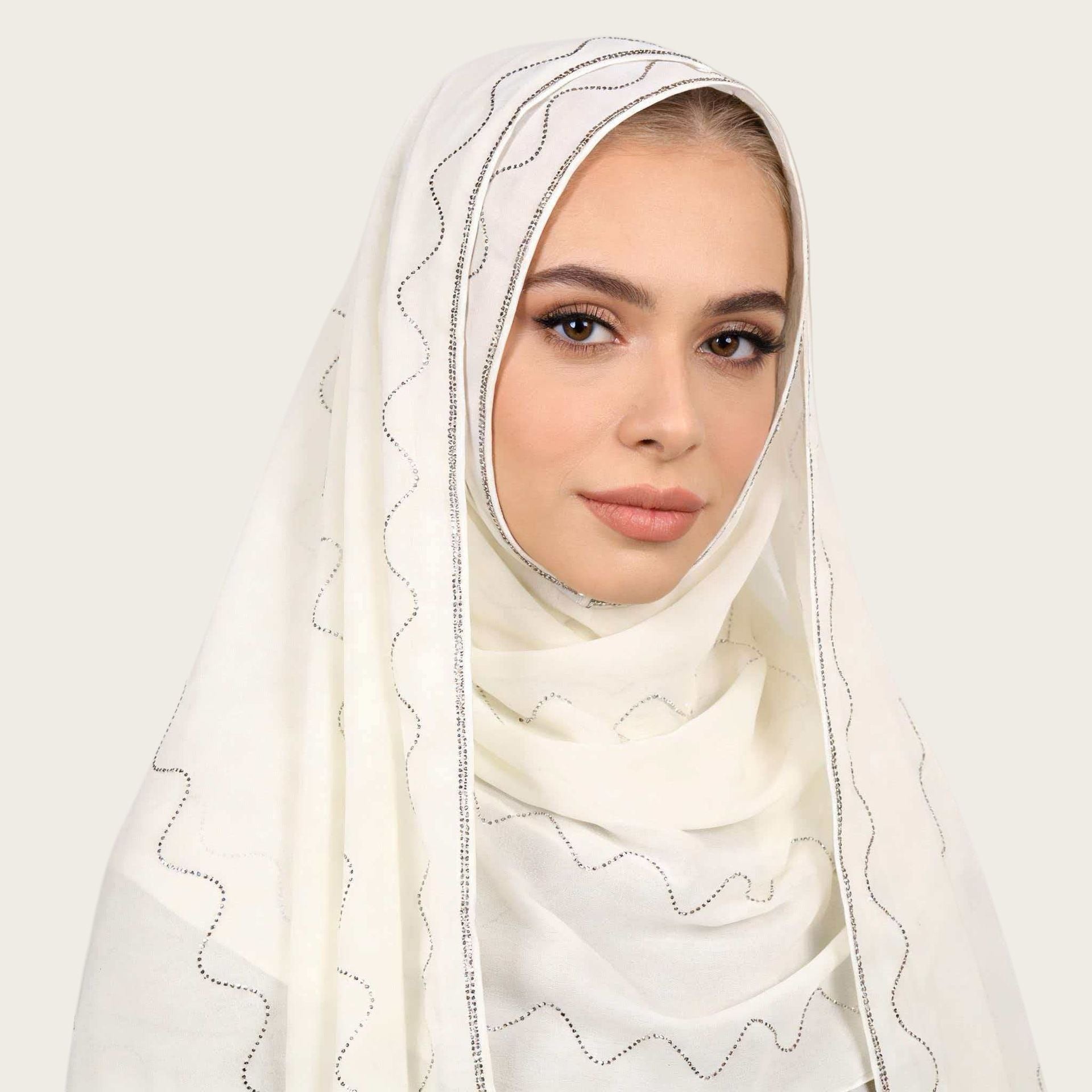 White Pearl Rhinestone Chiffon Hijab Scarf for Women