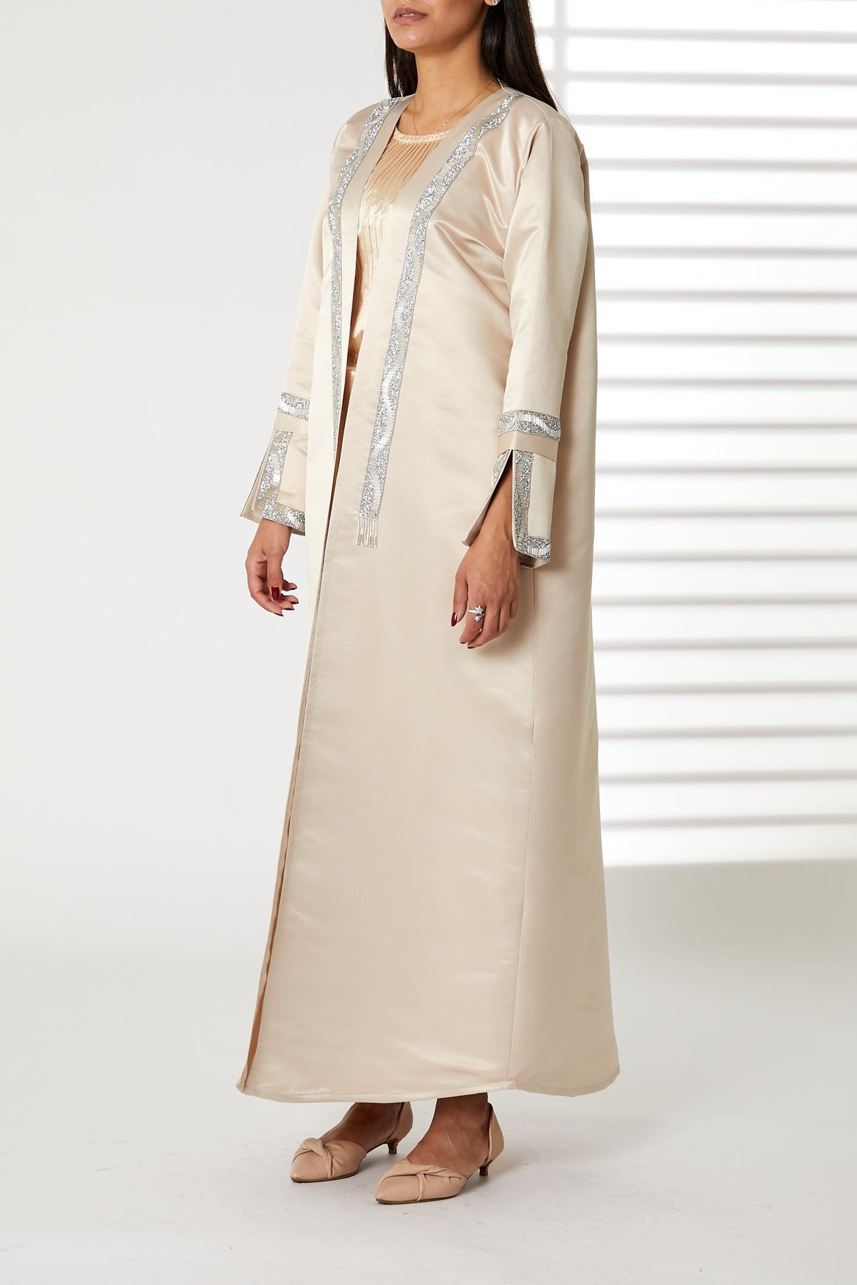 MOiSTREET Peach Bridal Satin Abaya with Split Cuffs