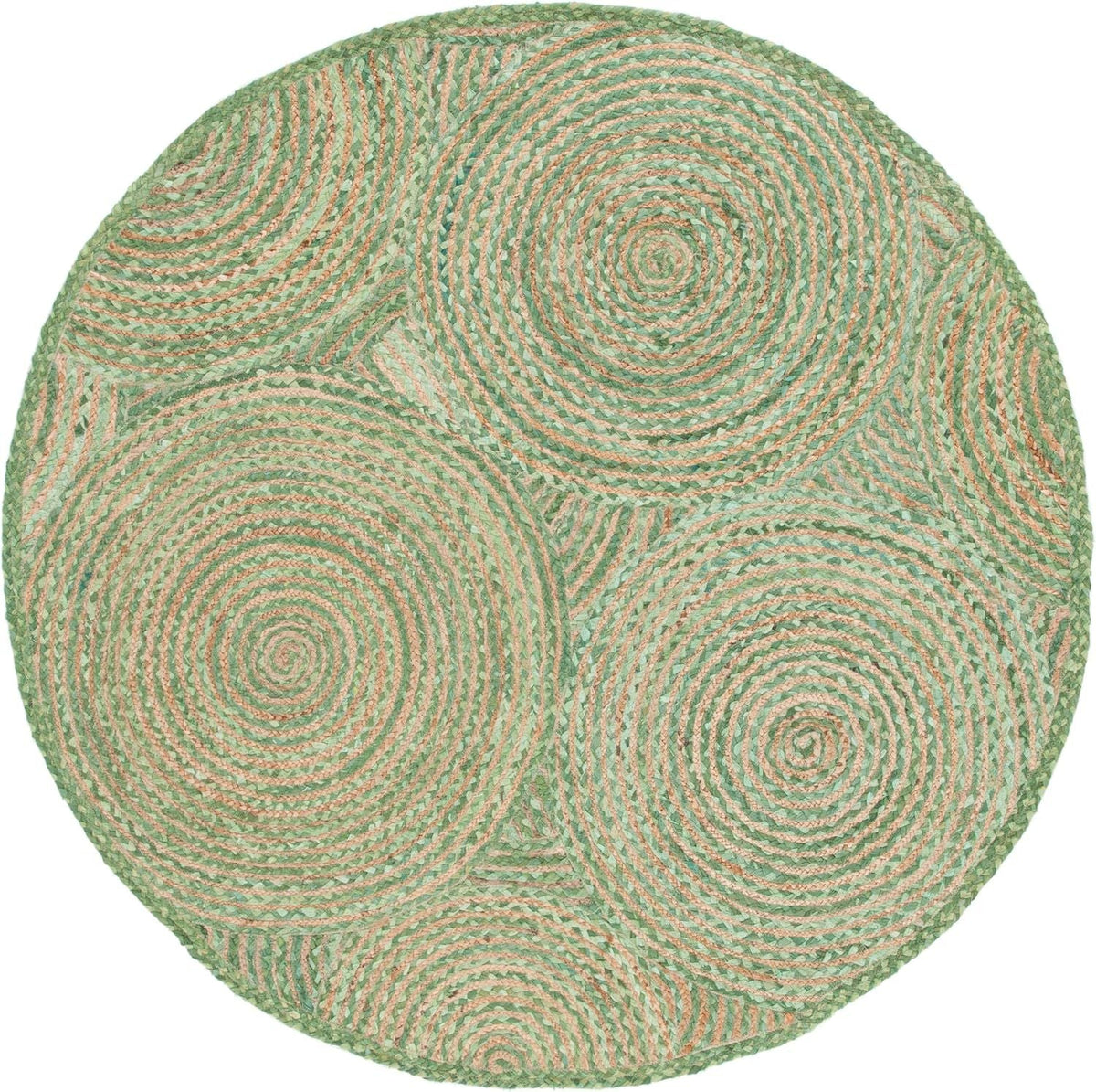 Green Jute Round Rug with Spiral Pattern | Handmade Eco-Friendly Boho Area Rug