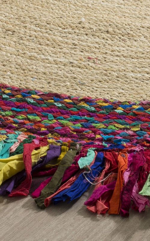 Multicolor Round Jute Rug with Tassel Fringe | Handmade Boho Area Rug