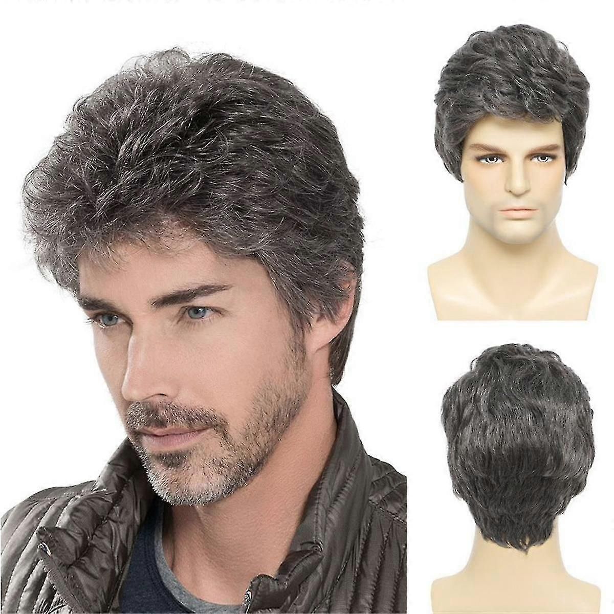 Men's Wigs Short Mens Grey Wig Layered Natural Hair Costume Halloween Heat Resistant Synthetic Wigs zxin