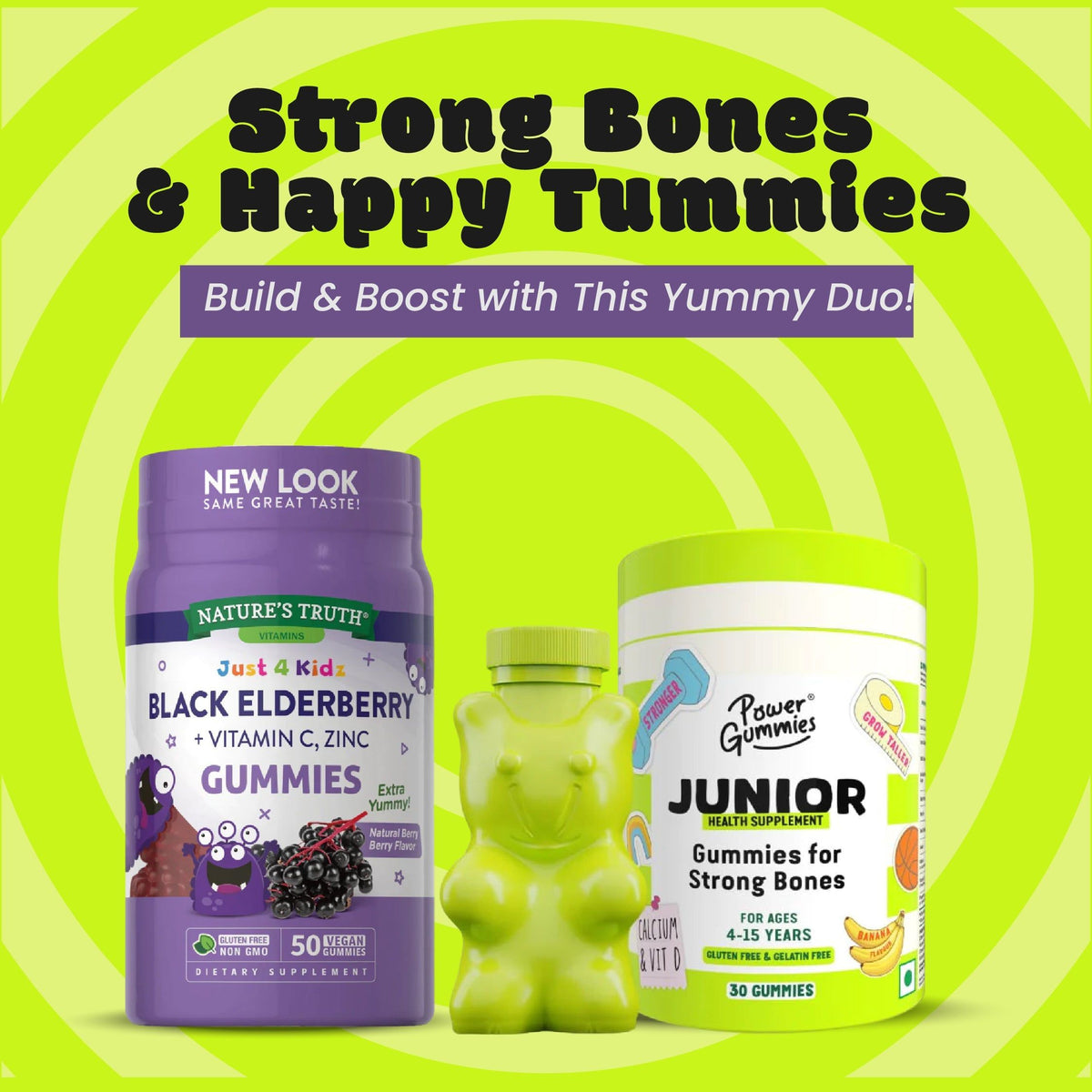 Nature's Truth Kids Black Elderberry With Vitamin C, Zinc + Power Gummies Junior For Strong Bones | Calcium, Phosphorus & Vitamin D | For Ages 4-15 Years | Tasty Banana Flavour 30 Gummies