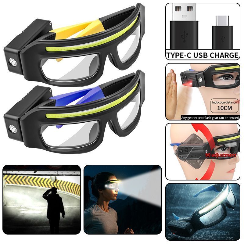 Rechargeable LED Headlamp Glasses with Motion Sensor, 90° Adjustable, Waterproof for Night Work, Camping, Running