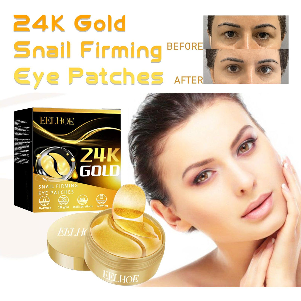 24K Gold Snail Eye Patches, Lift and Tighten Skin, Reduce Wrinkles, Brighten Eyes ,60pcs
