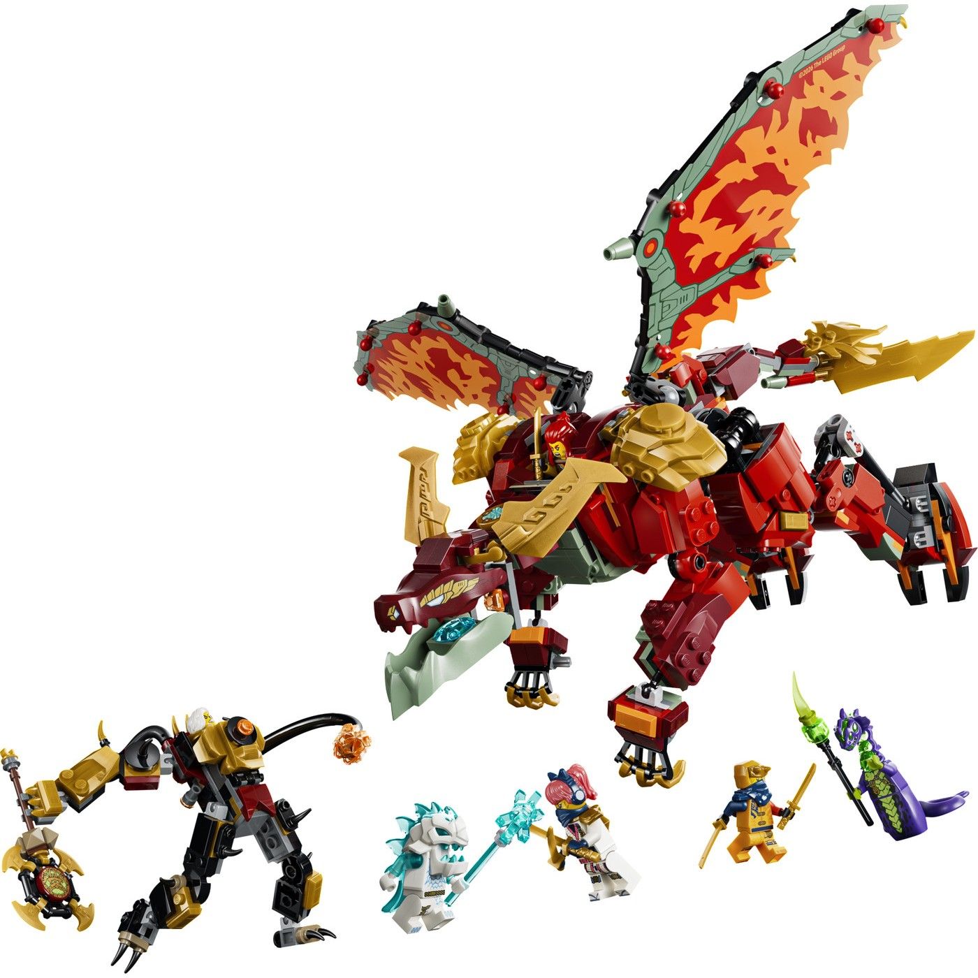 LEGO NINJAGO Wyldfyre's Transforming Dragon Mech Building Set, 821 Pieces, For Age 9+ Years