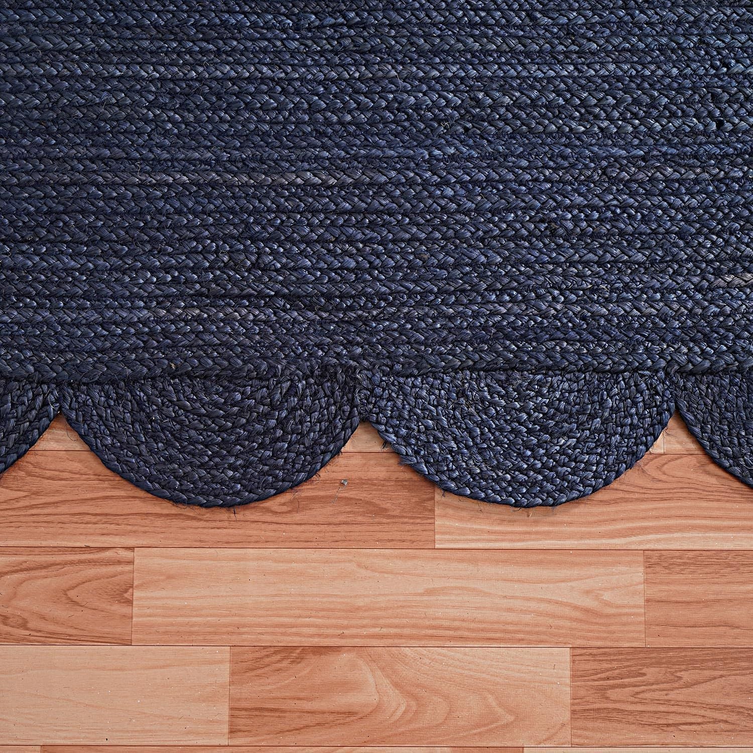 Navy Blue Jute Rug Scalloped Round Carpet | Handwoven Boho Living Room Floor Rug