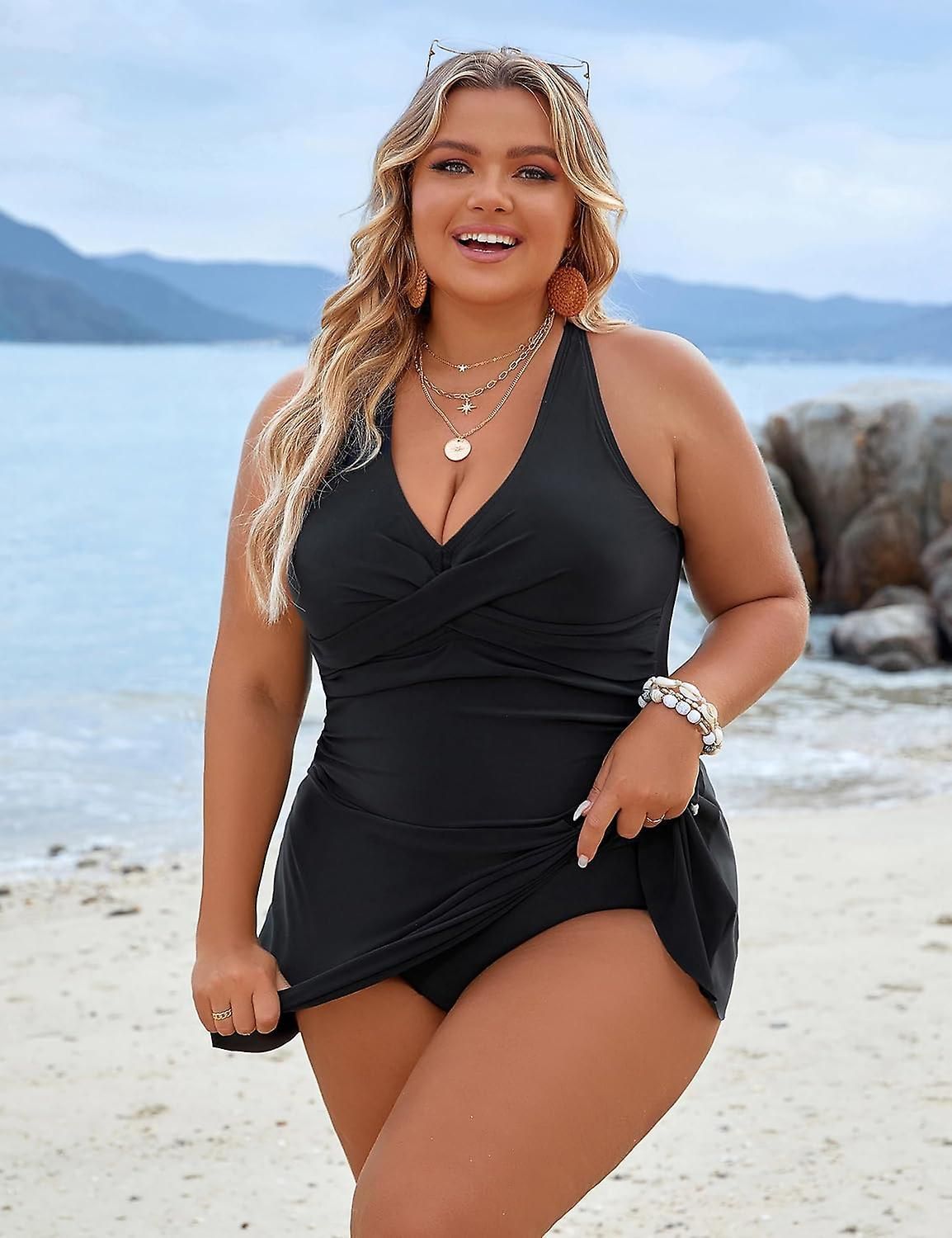 Women Plus Size Swim Dress Swimsuit One Piece Tummy Control Bathing Suits Modest Criss Cross Swim Suits
