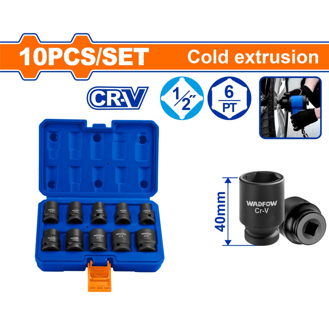 WADFOW 10 pcs 1/2" Deep Impact Socket Set, 10/12/13/14/15/17/19/21/22/24mm, L 78mm, Cr-V