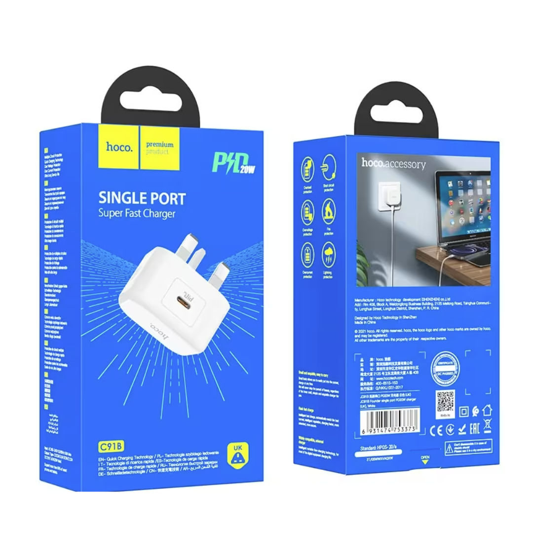 Hoco C91B Type-C 20W PD Power Adapter, White