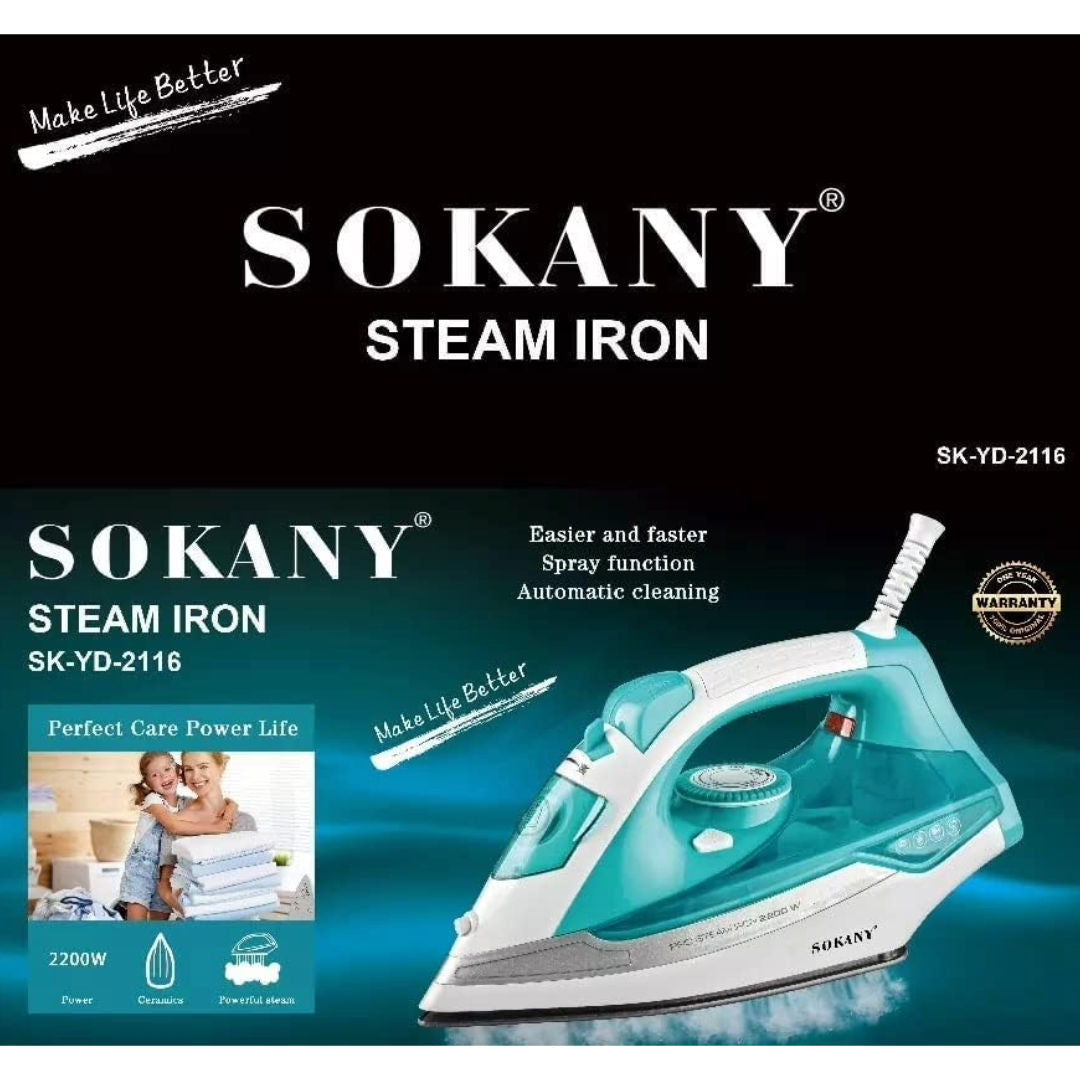 Sokany 2200W Steam Iron Powerful Dry & Steam Iron with Adjustable Temperature, Model SK-YD-2116, P24-343