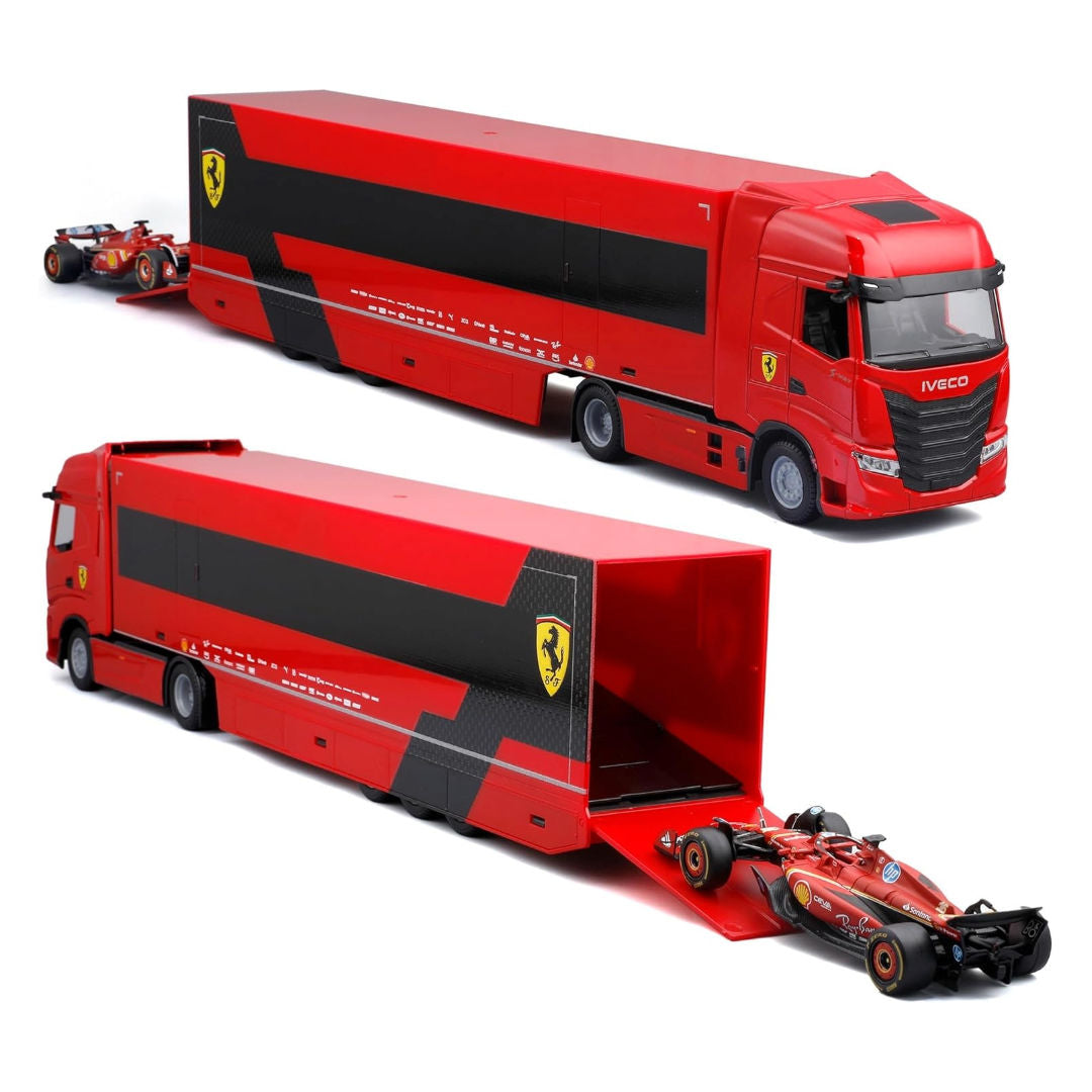 Bburago Racing Hauler Iveco S-Way 570 With Ferrari SF-24 Die-Cast Car ,1:43, Red