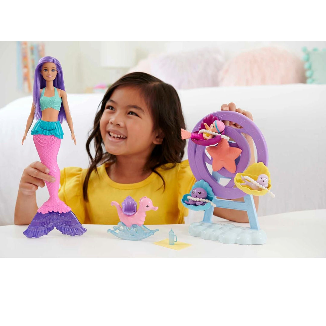 Barbie Dreamtopia Mermaid Babysitting Playset, Purple Hair Mermaid Doll with Accessories, Model HLC30