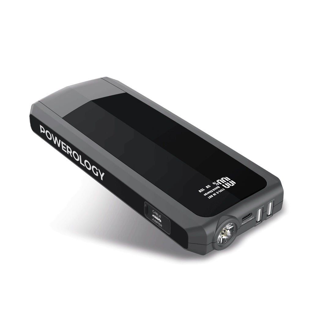 Powerology 16000mAh Jump Start Power Bank with 1200A Peak Current, 18W PD & QC3.0 Fast Charging, LED Flashlight & LCD Display