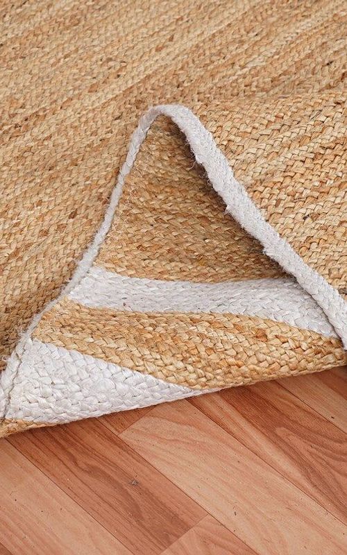 Natural Jute Rug with White Stripes | Handwoven Rectangular Minimal Carpet