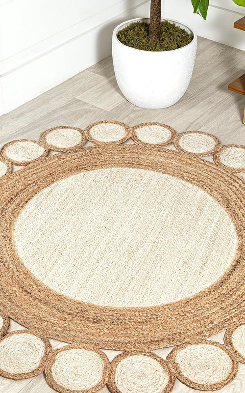 Handmade Round Jute Rug with White Tikki Border | Boho Decorative Area Rug