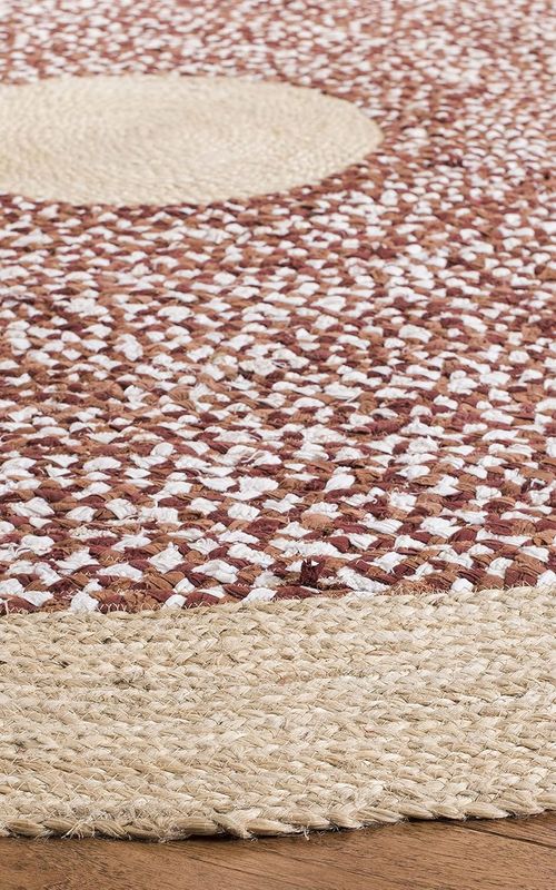 Natural Jute Round Rug with Red White Cotton Pattern | Handmade Modern Area Rug
