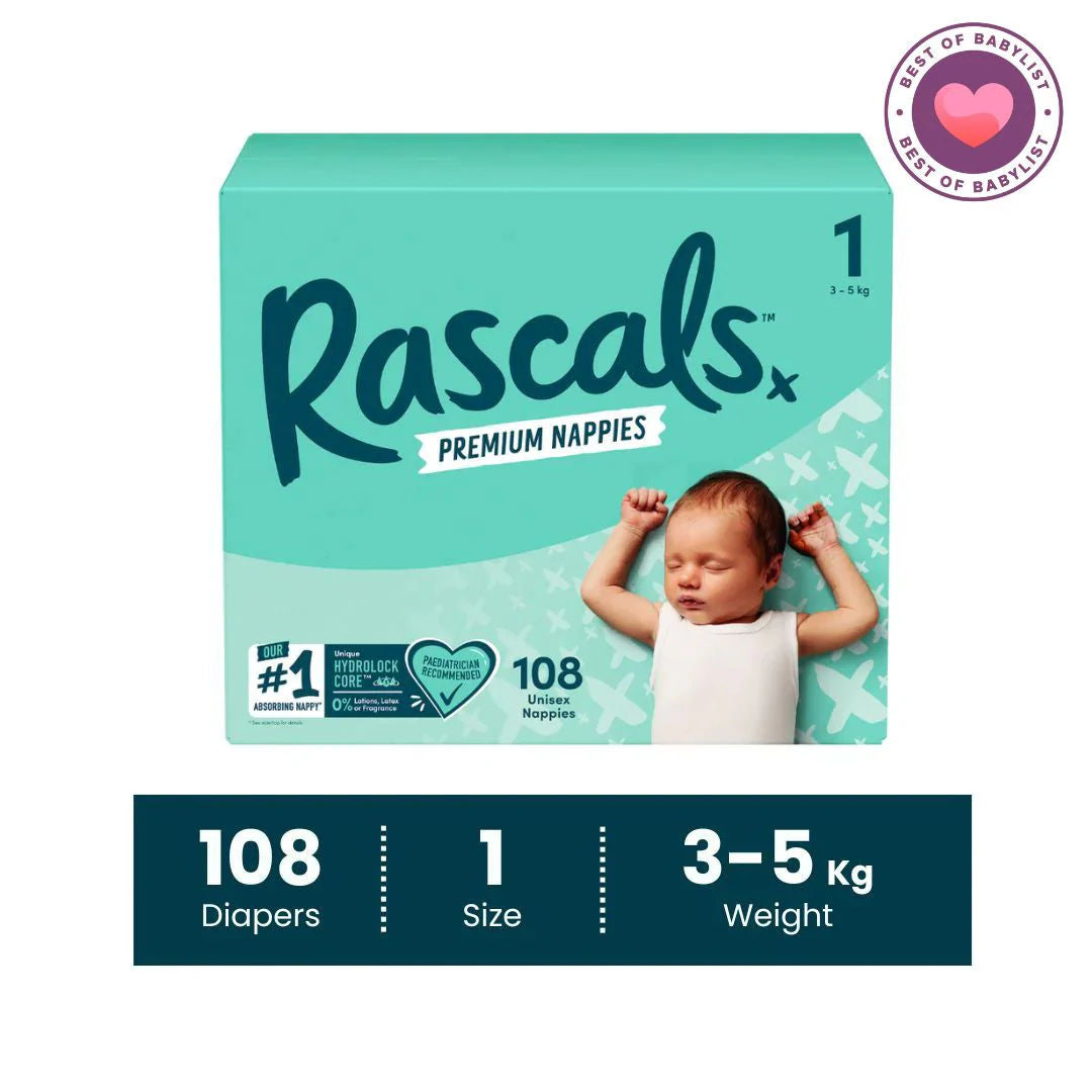 Rascals Premium Napples Size 1 (3-5kg) -108 Count,