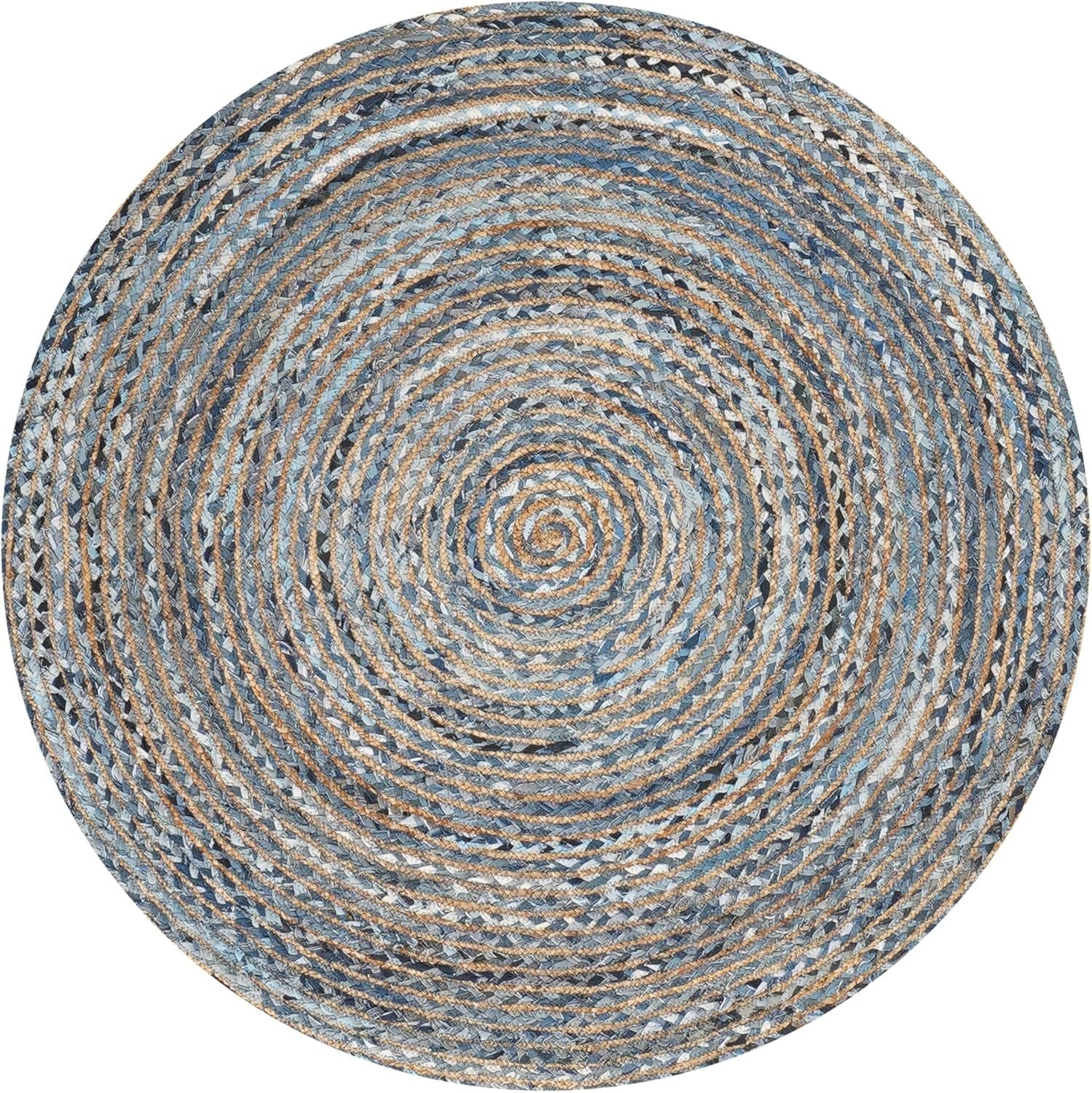 Round Denim & Jute Rug Spiral Pattern | Handwoven Blue Natural Fiber Area Rug