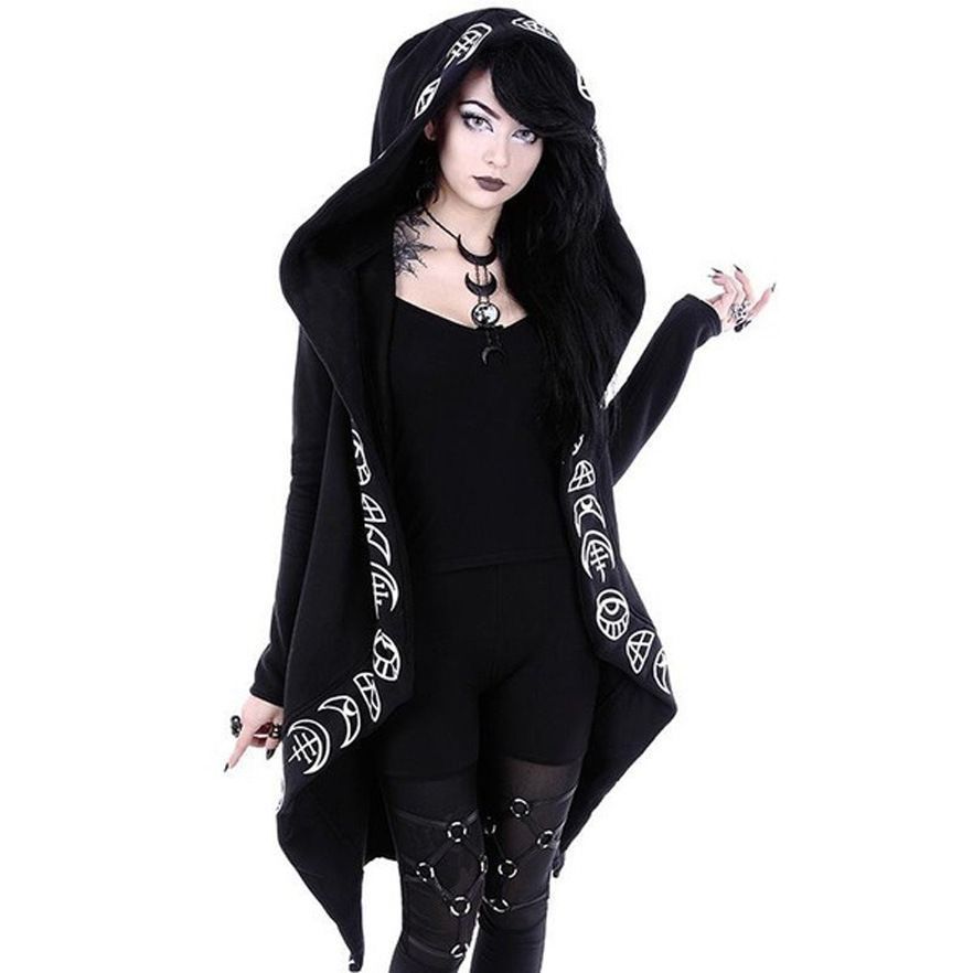 Women's Punk Moon Pattern Printed Long-Sleeved Cardigan With Hood Long Hoodie