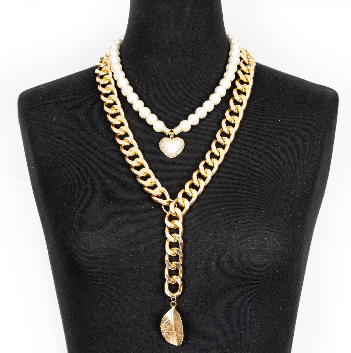 The Dark Layered Pearl and Gold Chain Necklace with Spike Pendant