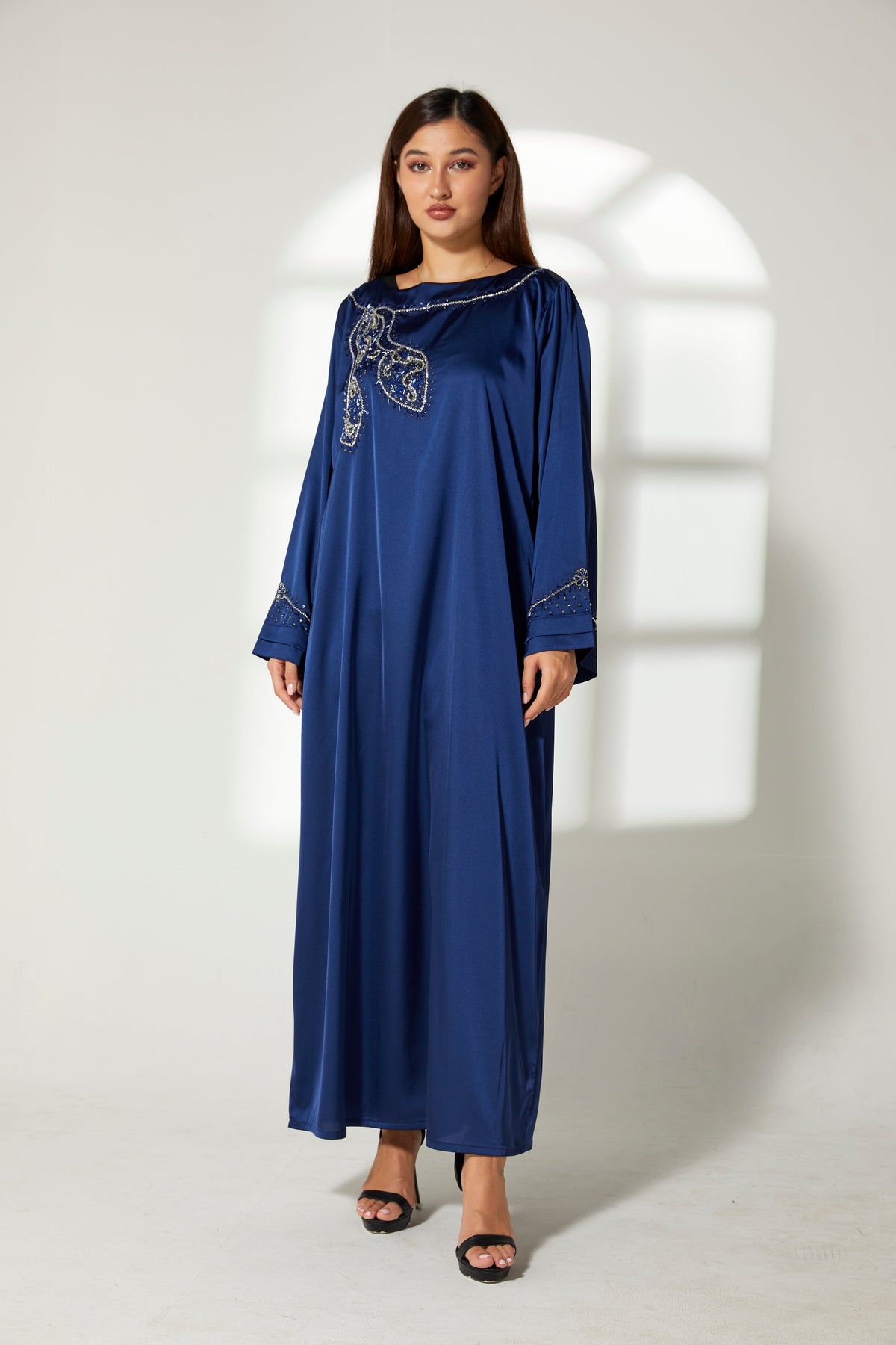 MOiSTREET Navy Silk Hand Embroidered  Kaftan