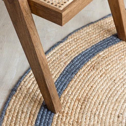 Oval Jute Rug with Double Blue Border | Handmade Natural Fiber Area Rug for Living Room