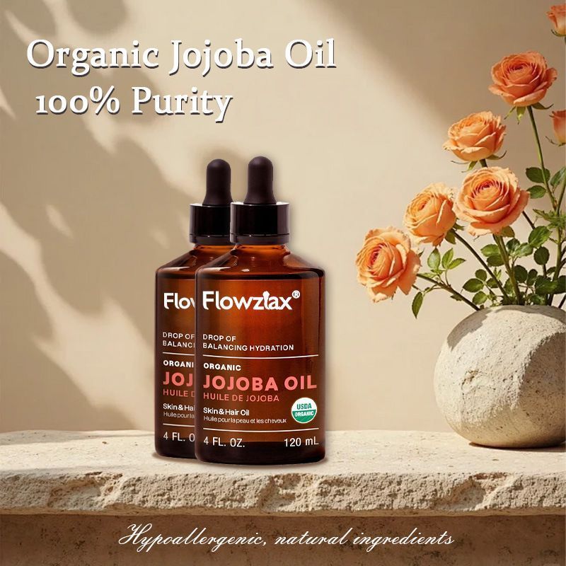 Flowzlax Organic Jojoba Oil 120ml with Box, 100% Pure Natural Cold Pressed Carrier Oil, Moisturizing Massage Oil for Face, Hair, Body, Sensitive Skin Care