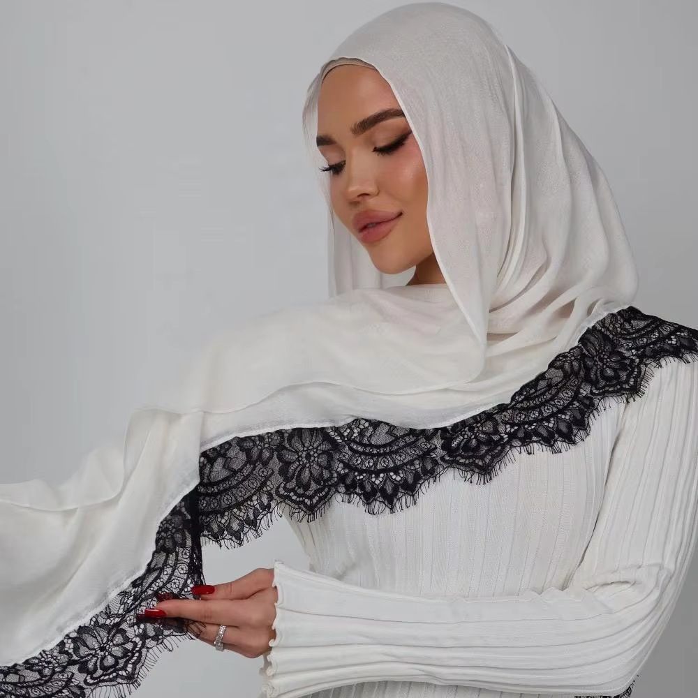 Black Cotton Lace Patchwork Hijab Scarf for Women
