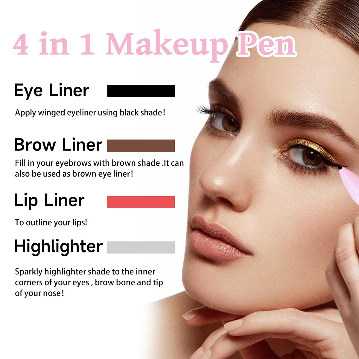 4 in 1 Makeup Pen Waterproof Eyeliner Eyebrow Lip Highlighter Multi-Functional Portable ,1pcs