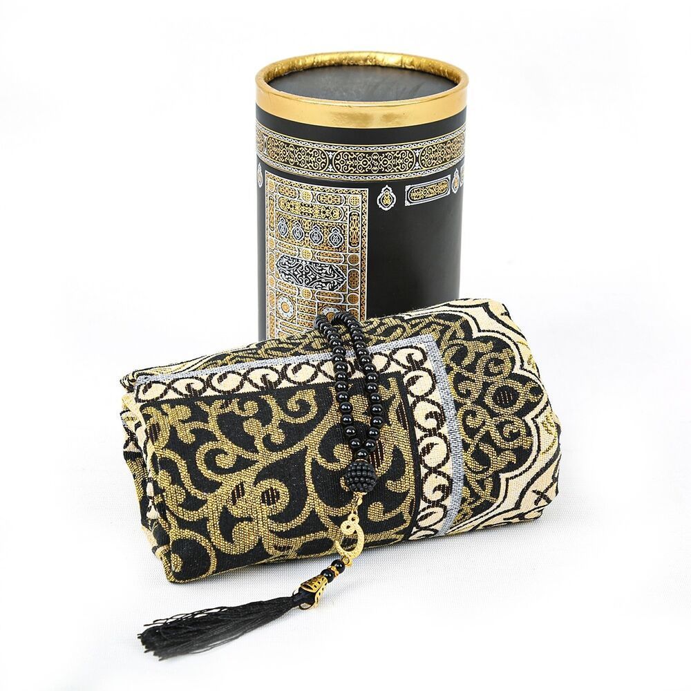 Gift Kaaba Prayer Rug With Cylinder Box , Set With Pearl Rosary