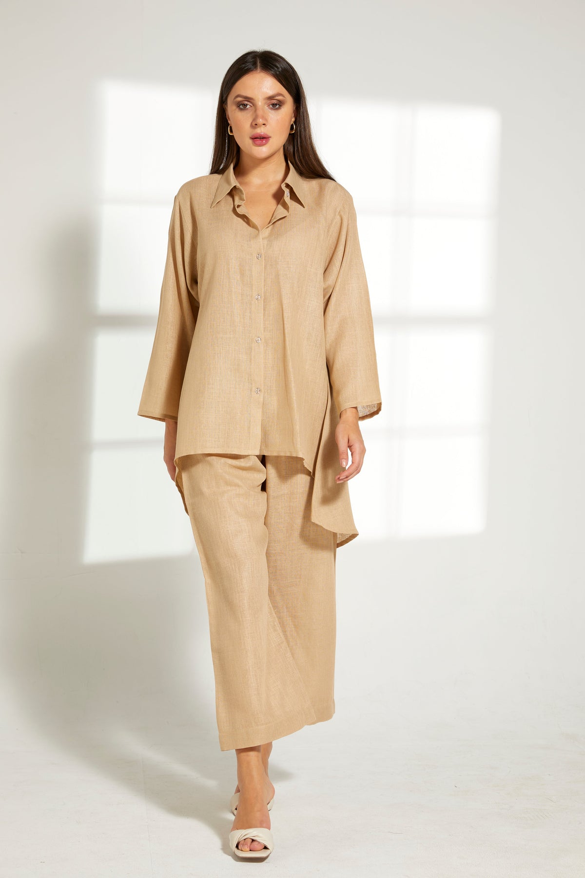 MOiSTREET Beige Linen Fabric Top and Pants Set