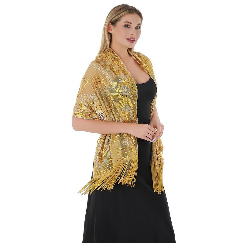 Black Gold Sequin Embroidered Shawl Cape for Women Evening Dress