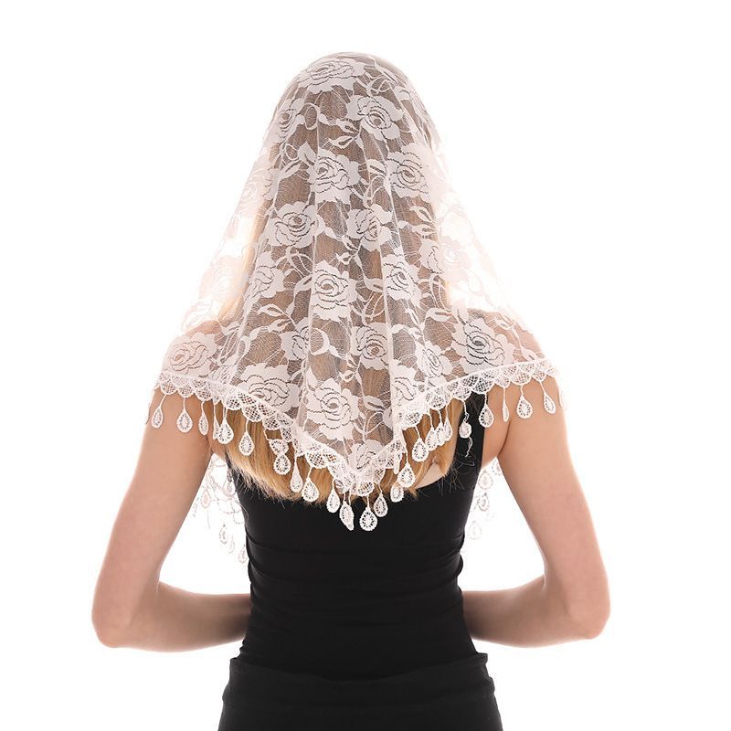 White Floral Lace Triangle Scarf Sheer Veil Shawl for Women
