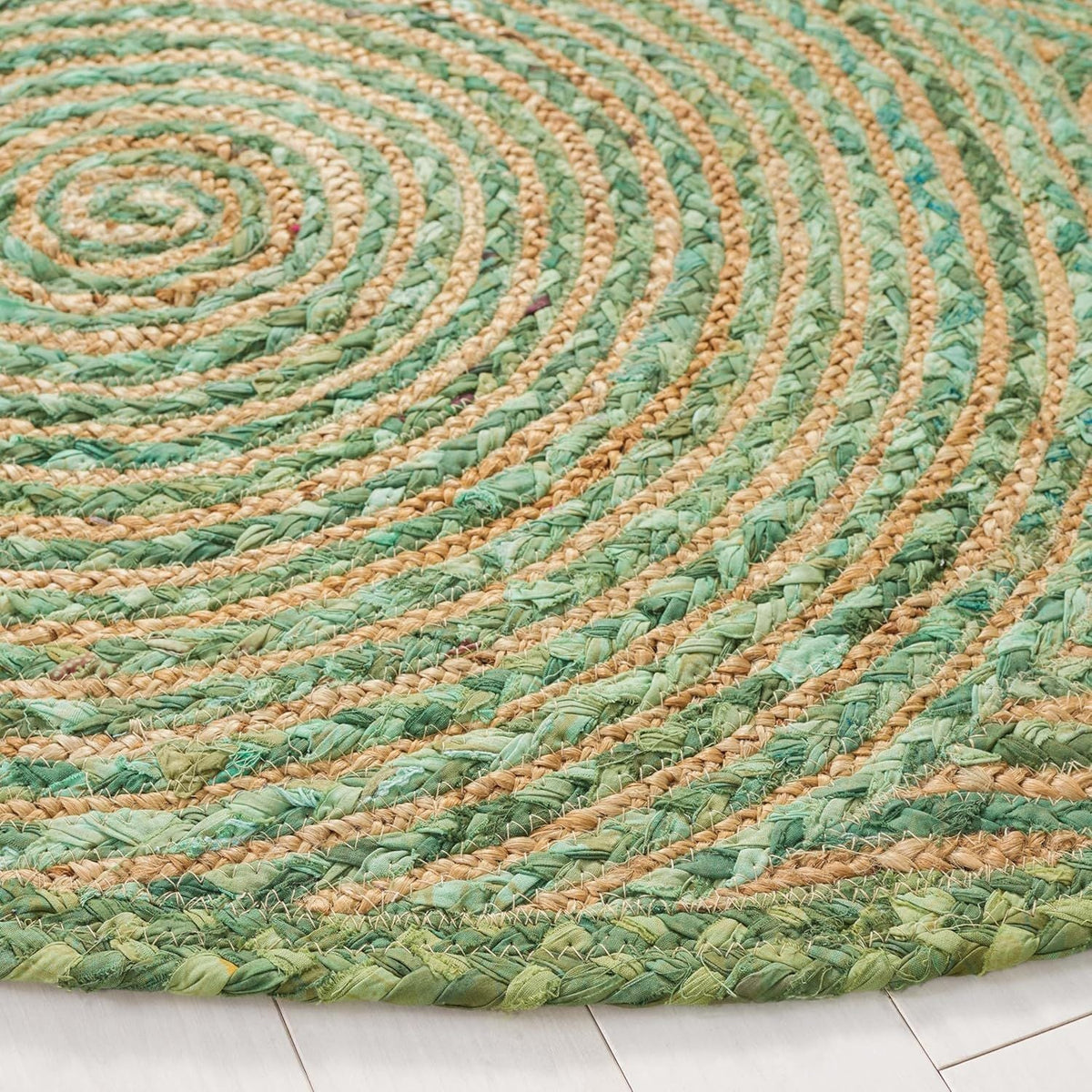 Green Jute Round Rug with Spiral Pattern | Handmade Eco-Friendly Boho Area Rug